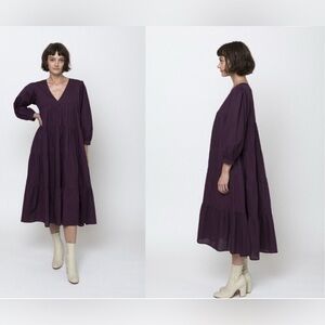 Mille Gemma Midi Dress Purple Tiered Flowy V Neck Organic Cotton